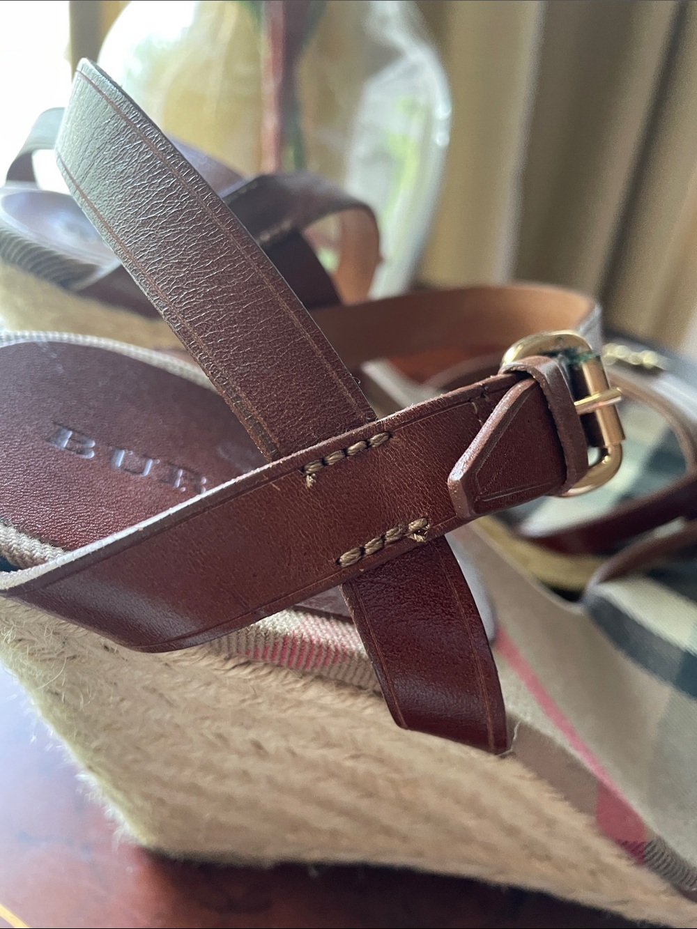 Burberry Brown Leather & Beige Check Espadrille Wedge Sandals - Picture 6 of 16